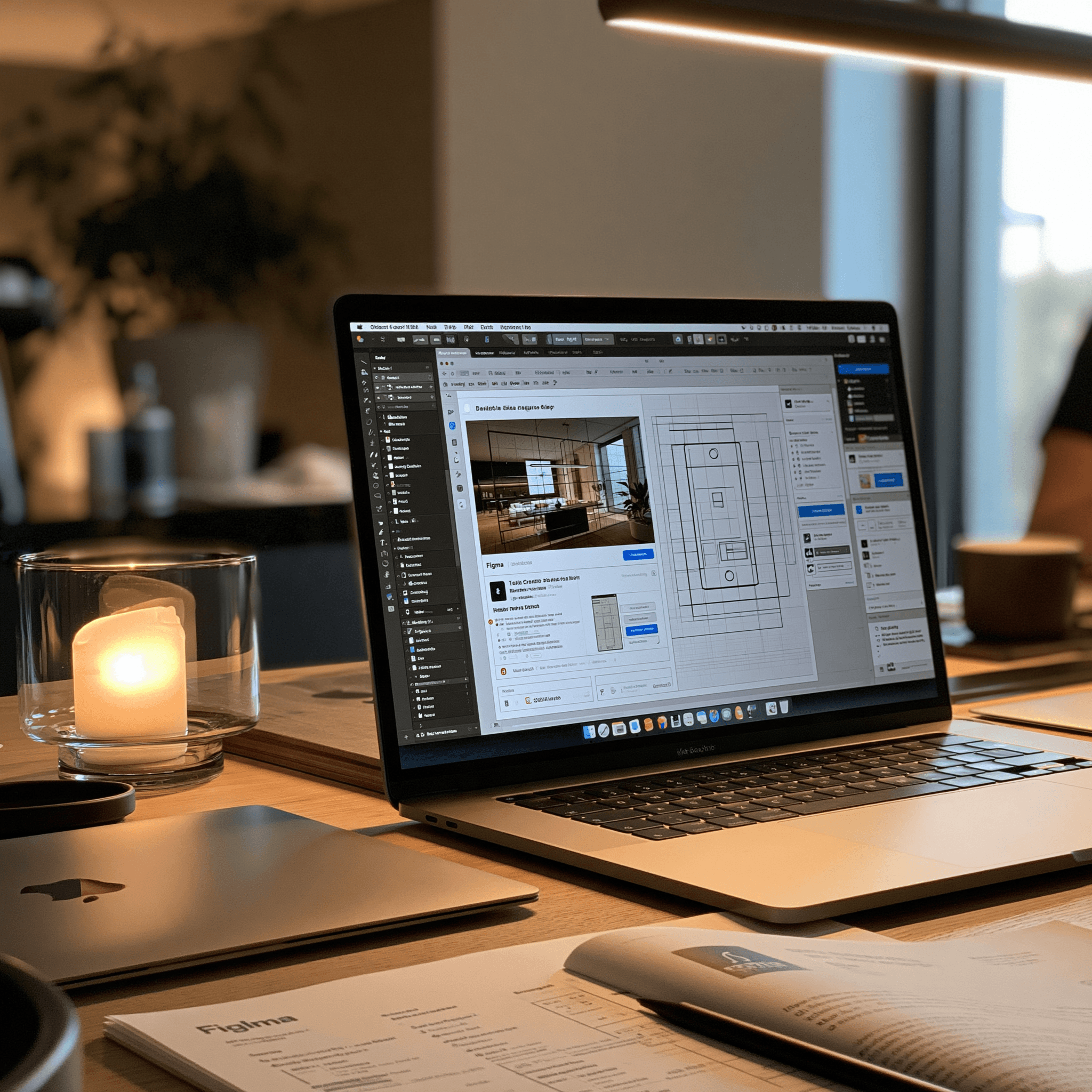 A laptop showing a web interface design on a workspace desk